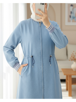 Beli Lastikli Tünel Bağcıklı Fermuarlı Kot Açık Mavi Kap