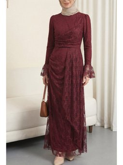 Bordo Kol Manşeti Volanlı Önü Drapeli Astarlı Dantel Abiye Elbise
