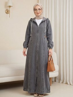 Boydan Fermuarlı Kapüşonlu Kolu Lastikli Cepli Kot Füme Kap