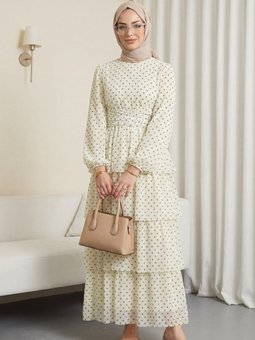 Çapraz Bağlamalı Eteği Kat Kat Puantiyeli Şifon Krem Elbise