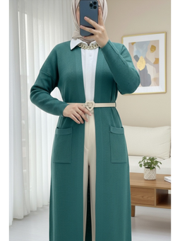 Cepli Yırtmaçlı Uzun Triko Mint Hırka