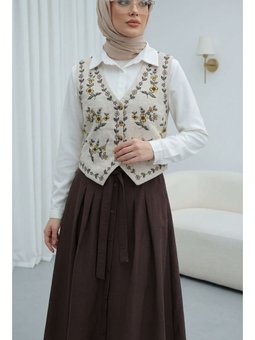 Çiçek Nakışlı Düğmeli Taş Yelek