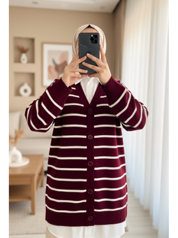 Çizgili Düğmeli V Yaka Triko Bordo Hırka