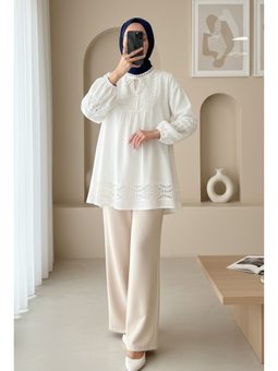 Dantel Detaylı Yakası Bağlamalı Kolu Lastikli Beyaz Gömlek