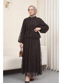 Dik Yaka Flog Baskılı Balon Kol Beli Bağcıklı Etekli Astarlı Tül Kahve Takım