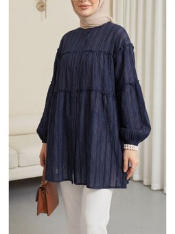 Dik Yaka Sim Çizgili Balon Kol Oversize Gofre Laci Tunik