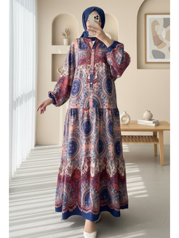 Dik Yaka Yarım Düğmeli Parçalı Yavruağzı Elbise