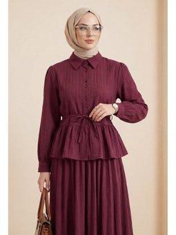 Eteği Fırfırlı Düğmeli Beli Bağcıklı Etekli Bordo Takım