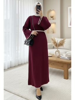 Etek Ucu Ve Kolları Nakışlı Bağcıklı Triko Bordo Elbise