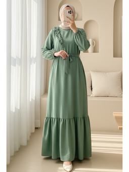 Fırfır Taş Detaylı Parça Eteklii Kemerli Ayrobin Haki Elbise