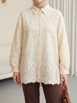 İnci Detaylı Astarlı Fistolu Arkası Uzun Bej Tunik