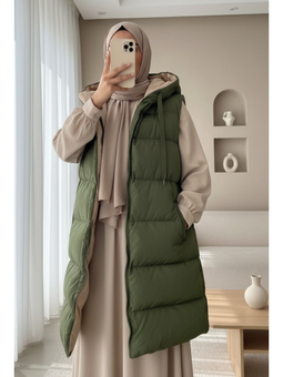 Kapüşonlu Çift Taraflı Şişme Haki Yelek