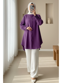 Kol Manşeti Drapeli Oval Kesim Mor Gömlek
