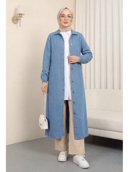 Kolu Lastikli Boydan Düğmeli Kot Mavi Kap