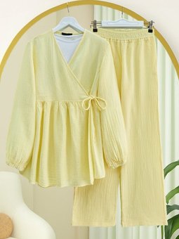 Kolu Lastikli İp Bağcıklı Müslin Açık Sarı Takım
