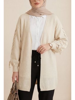 Kolu Saç Örgülü Salaş Triko Krem Hırka