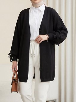 Kolu Saç Örgülü Salaş Triko Siyah Hırka