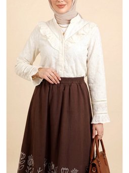 Kolu Ve Yakası Volanlı Brode İşlemeli Vual Bej Gömlek