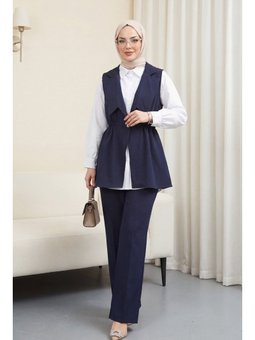 Kruvaze Yaka Beli Lastikli Yelek Pantolon Modal Laci Takım
