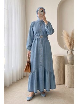 Lastik Kemerli Düğmeli Uzun Kot Buz Mavi Elbise