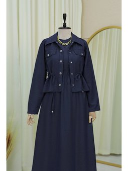 Metal Düğmeli Beli Bağlamalı Jile Laci Gömlek Elbise