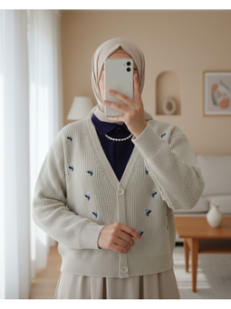 Nakışlı Üç Düğmeli Bel Boy Taş Hırka