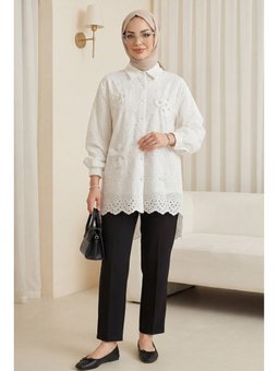 Organze Tül Detaylı İnci Düğmeli Arkası Uzun Fistolu Beyaz Tunik