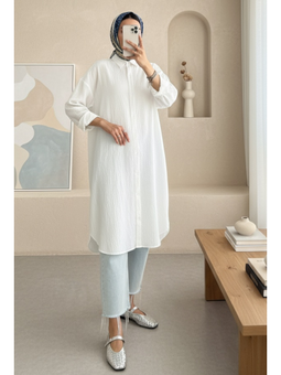 Oval Kesim Karaş Uzun Salaş Beyaz Tunik