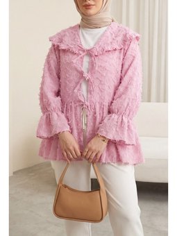 Pembe Önü Bağcıklı Tüylü Dokulu Clip Jakar Kimono