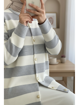 Ringelli Metal Dügme Çelik Örgü Salaş Krem Hırka