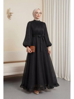 Siyah Eteği Volanlı Kemerli Janjan Şifon Abiye Elbise