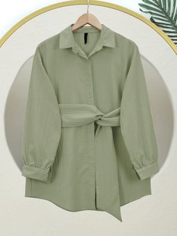 Su Yeşili Belden Bağlamalı Fitlli Krinkıl Gömlek