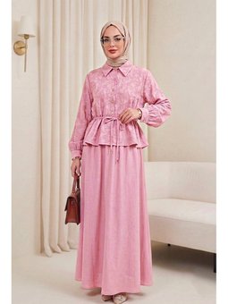 Taşlı Düğmeli Beli Bağlamalı Etekli Jakar Pembe Takım