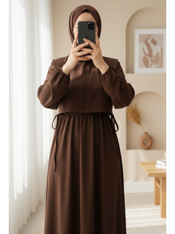 Üstü Detaylı Kahve Gömlek Elbise Takım