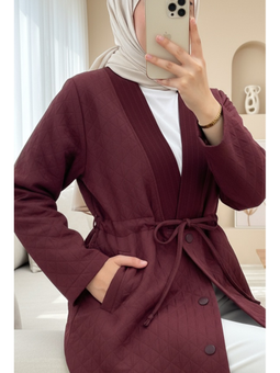 V Yaka Beli Bağcıklı Cepli Düğmeli Bordo Kap