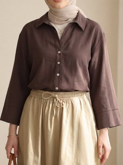 V Yaka Düğmeli Yarım Kol Modal K. Kahve Gömlek