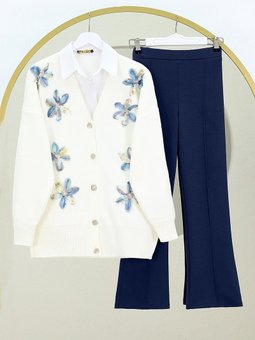 V Yaka Organze Tül Çiçek Nakışlı Triko İndigo Hırka