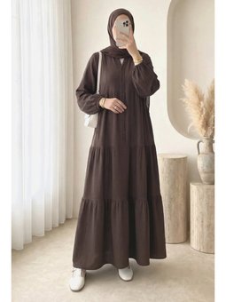 V Yaka Yarım Düğmeli Kolu Lastikli Parçalı Müslin K. Kahve Elbise
