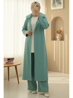 Yakası Kürklü Çift Düğmeli Uzun Triko Mint Hırka