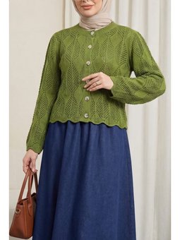 Yaprak Desenli Ajurlu Triko F.yeşili Hırka