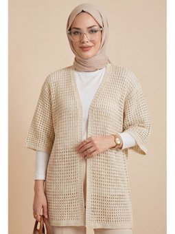 Yarasa Yarım Kol Ajurlu Triko Bej Hırka