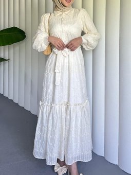 Yarım Düğmeli Beli Bağlamalı Astarlı Güpür İşlemeli Pamuk Ekru Elbise