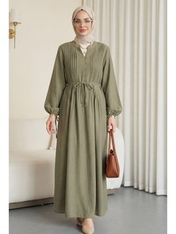 Yarım Düğmeli Nervürlü Bağcıklı Tensel Haki Elbise