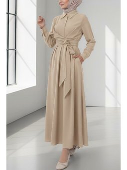 Yarım Düğmeli Önü Çapraz Bağlamalı Bej Elbise