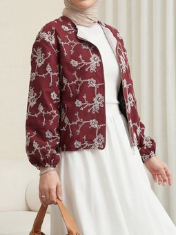 Yuvarlak Yaka Fermuarlı Nakışlı Cepli Keten Bordo Ceket