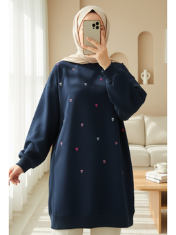 Yuvarlak Yaka Kalp Desenli Penye Laci Tunik