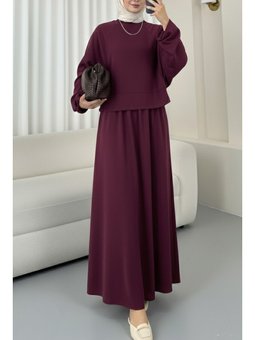 Yuvarlak Yaka Yarasa Kol Beli Lastikli Etekli Oyşo Bordo Takım