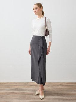 Asimetrik Volan Detaylı Klasik Kesim Gri Melanj Etek