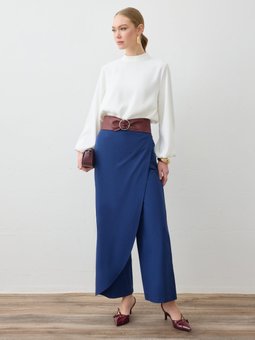 Bağlama Detaylı Dokuma Lacivert Pantolon