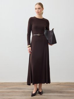 Bisiklet Yakalı Sandy Kumaş Acı Kahve Elbise